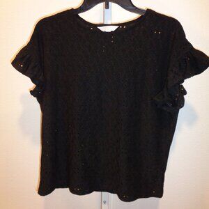 LC Lauren Conrad Black Eyelet Short Ruffle Sleeve Top Shirt Blouse Size Medium